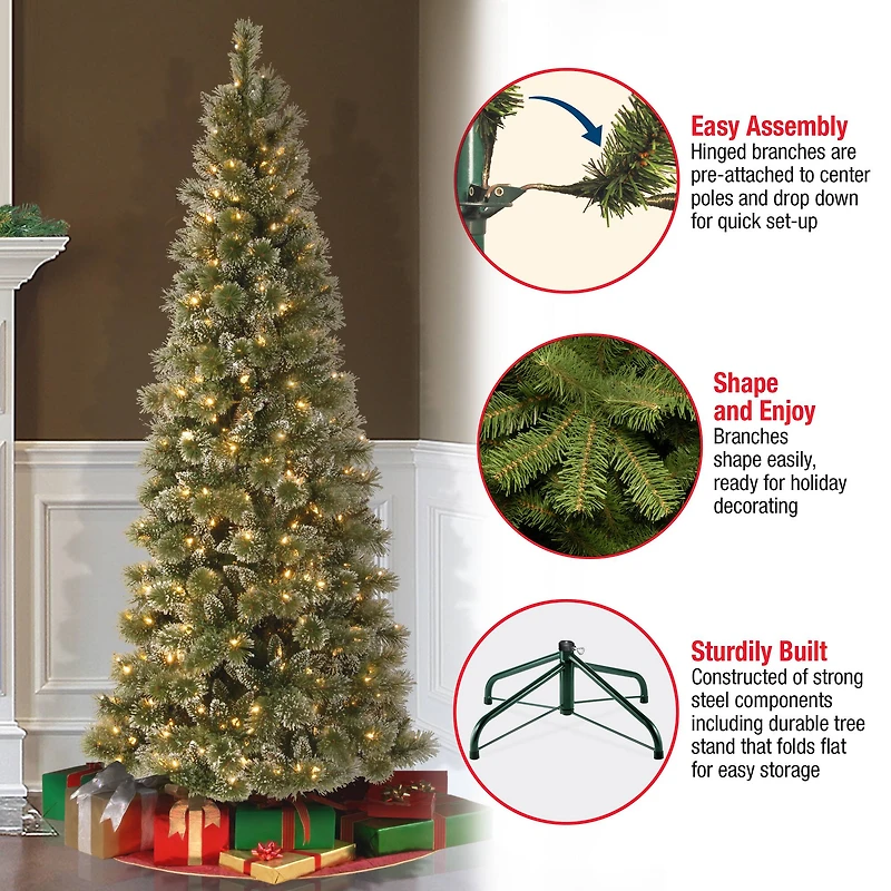 7.5 ft. Pre-lit Hinged Glittery Bristle Pine Slim Artificial Christmas Tree, Soft White LED Lights