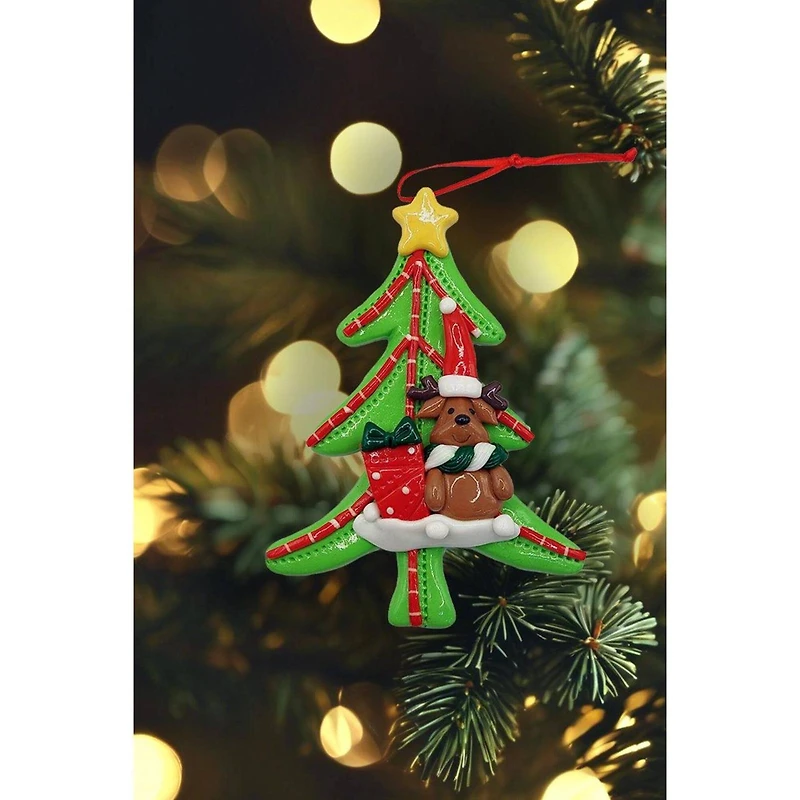 Wizardi 4.75" Glossy Gingerbread Tree with Reindeer Christmas Ornament