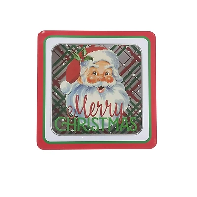 Plaid Santa with Clear Window Square Christmas Tin by Makery™