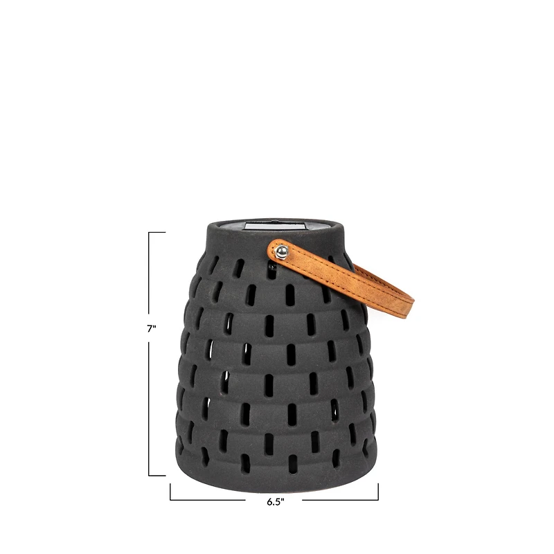 Hello Honey® 7" Black & Brown Stoneware Rechargeable LED Solar Powered Waterproof Lantern