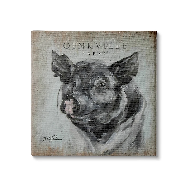Stupell Industries Oinkville Farms Rustic Sign Pig Animal Black Hog Canvas Wall Art