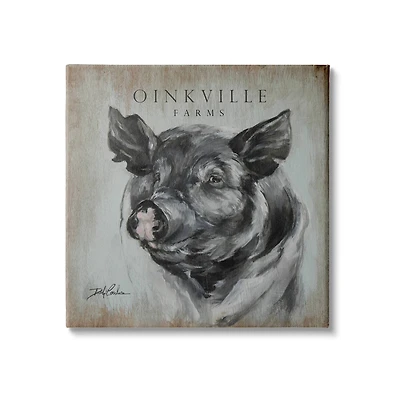 Stupell Industries Oinkville Farms Rustic Sign Pig Animal Black Hog Canvas Wall Art