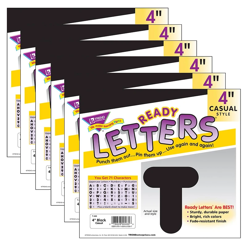 Trend Black 4" Casual Uppercase Ready Letters®, 6 Pack
