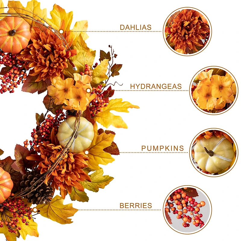 Glitzhome® 24" Fall Dahlia, Pumpkin, Leaf & Berry Wreath
