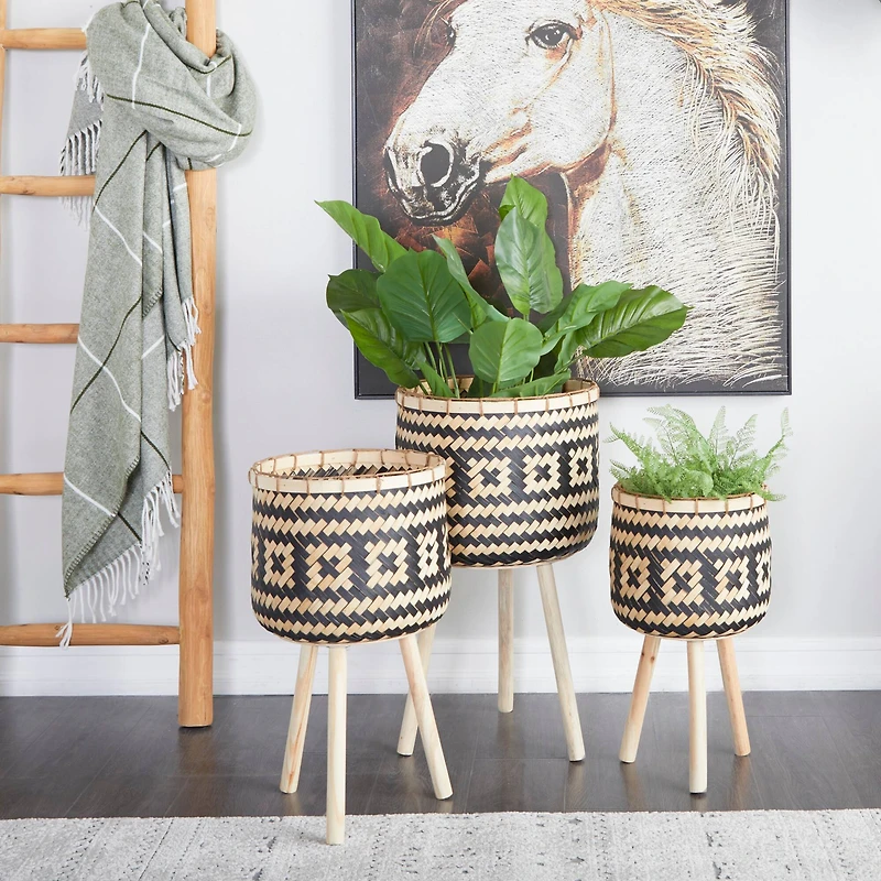 Brown Bamboo Bohemian Planter, Set of 3" 27", 23", 20"