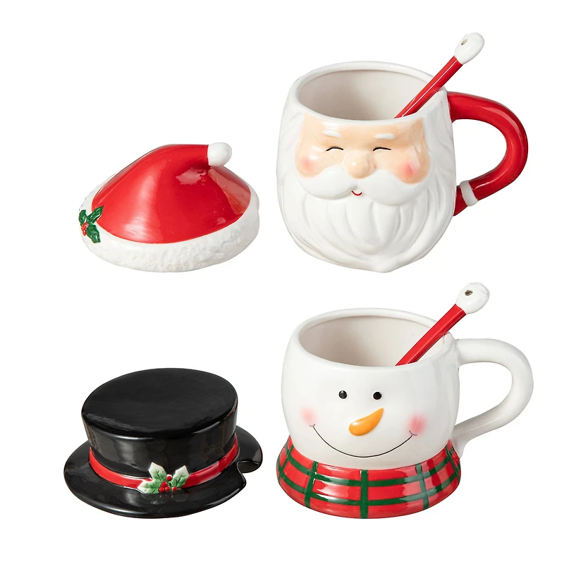 Glitzhome® Christmas Ceramic Santa & Snowman Mug with Lid & Spoon Set