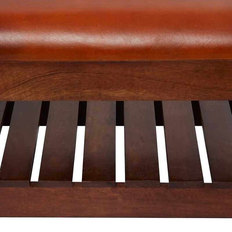 61" Brown Leather Bench with Slatted Lower Shelf