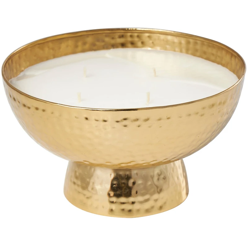 White Wax English Garden Scented Candle with Elevated Wide Hammered Gold Container