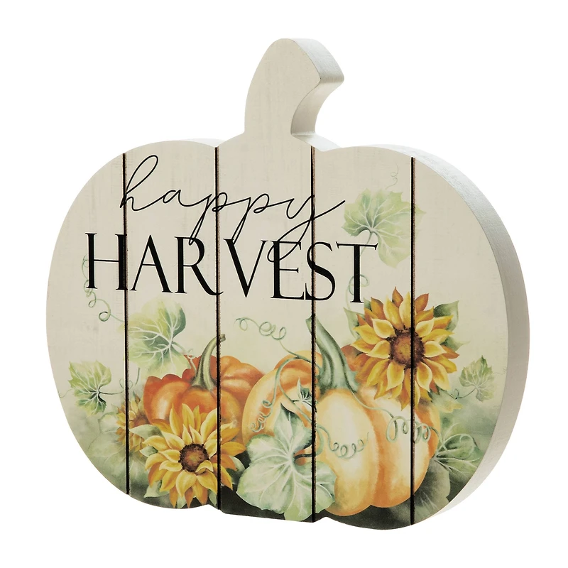 Glitzhome® 9.75" "Happy Harvest" Wooden Pumpkin Table Sign