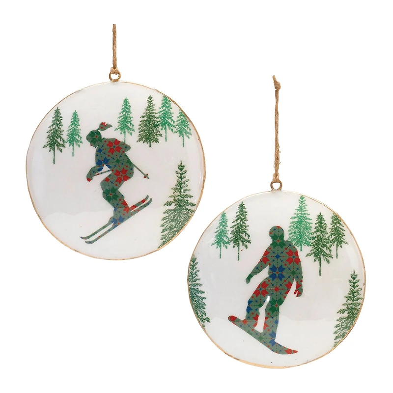 6" Ski & Snowboard Forest Metal Disc Ornaments Set