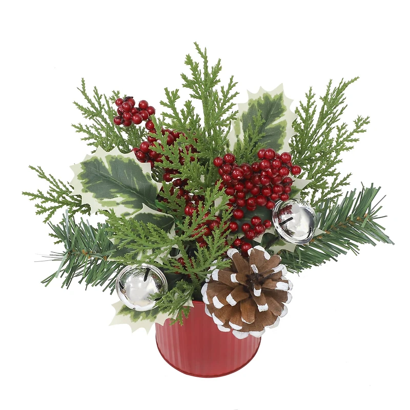 10.5" Green Pine, Red Berry & Silver Bell Arrangement with Pine Cones in Red Metal Pot by Ashland®