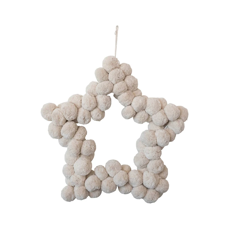 Hello Honey® 21" Natural White Handmade Metal & Wool Pom Pom Star Shaped Wreath