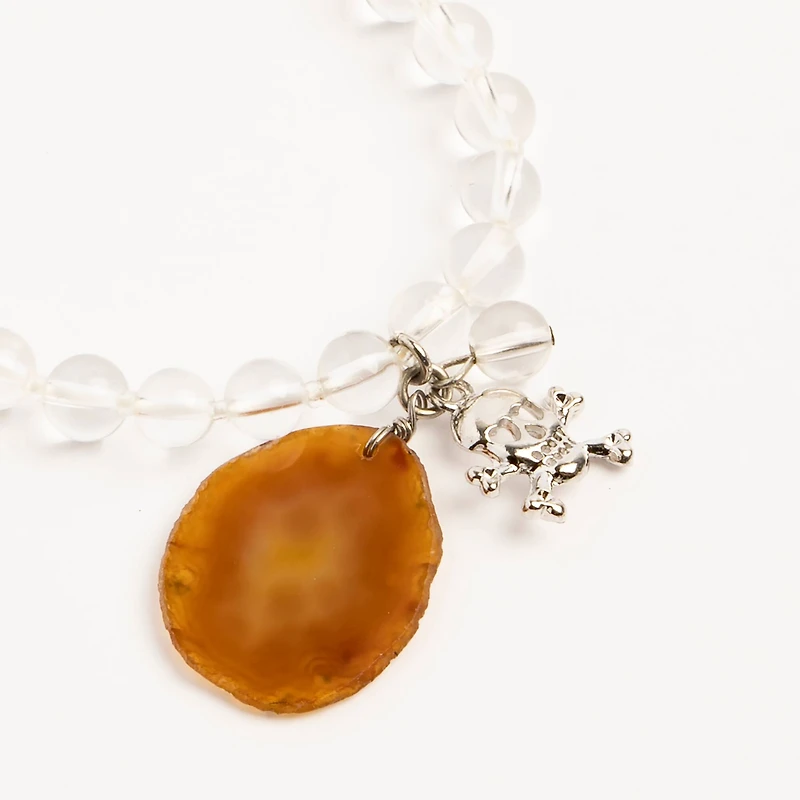 John Bead Crystal Quartz Clear Natural Stone Bracelet with Brown Agate & Skull Charm