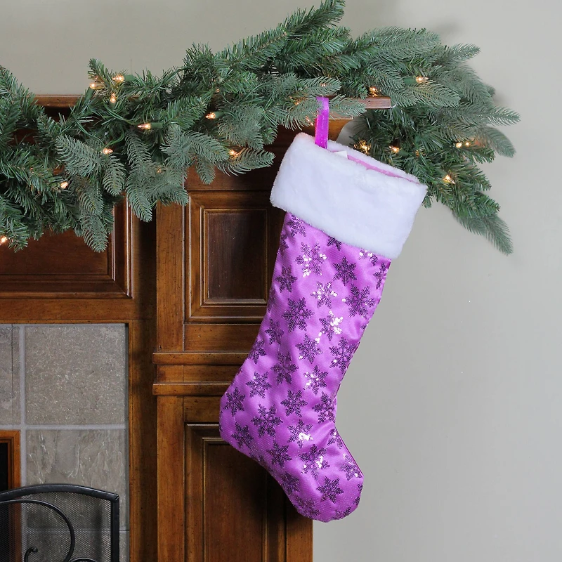20.5" Sequin Snowflake Stocking with White Faux Fur Cuff