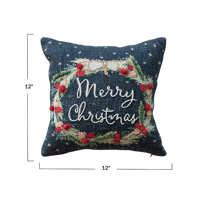 Hello Honey® 12" Merry Christmas Embroidered Wreath with Pom Poms Cotton Pillow