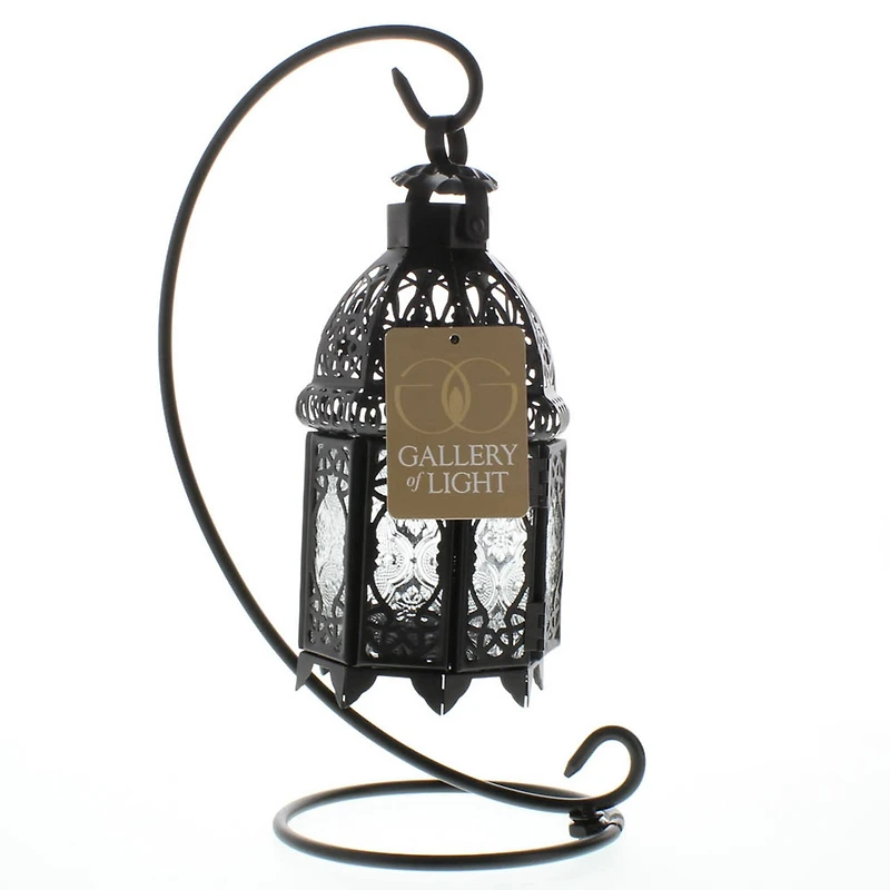 13" Curled Metal Stand with Black Moroccan Candle Lantern