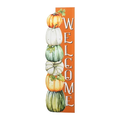 Glitzhome® 42" Lighted Fall Wood Stacked Pumpkins Welcome Porch Sign with Timer