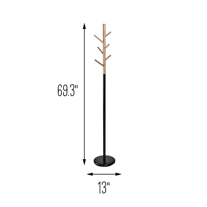 Honey Can Do Black & Natural Wood Modern Freestanding Coat Tree Stand