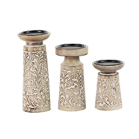 Brown & White Mango Wood Floral Candle Holder Set
