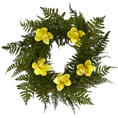 24in. Mixed Fern and Cymbidium Orchid Artificial Wreath