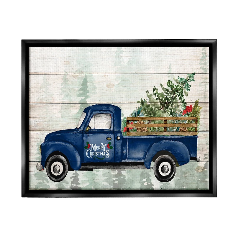 Stupell Industries Merry Christmas Blue Holiday Truck Framed Floater Canvas Wall Art
