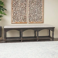59" Black & Beige Fabric Arched Storage Bench with Traditional Turned Legs