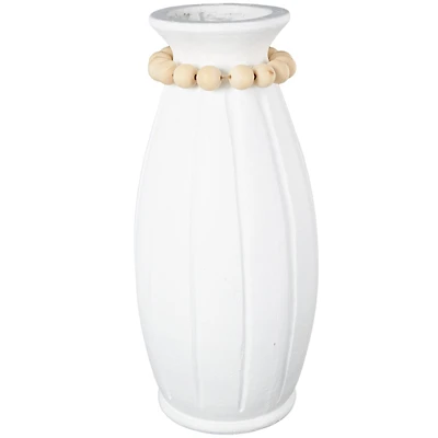 20" White Magnesium Oxide Decorative Vase with Light Brown Beads & Carved Grooves