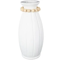 20" White Magnesium Oxide Decorative Vase with Light Brown Beads & Carved Grooves