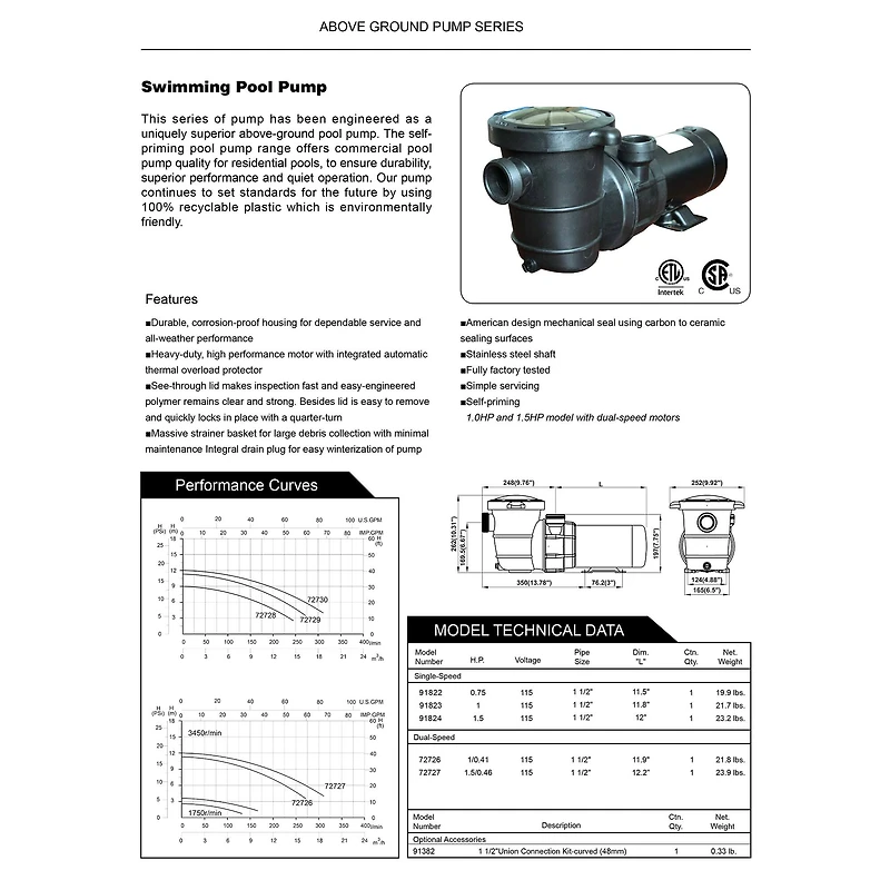 Self-Priming Above-Ground Swimming Pool 0.75 HP Pump