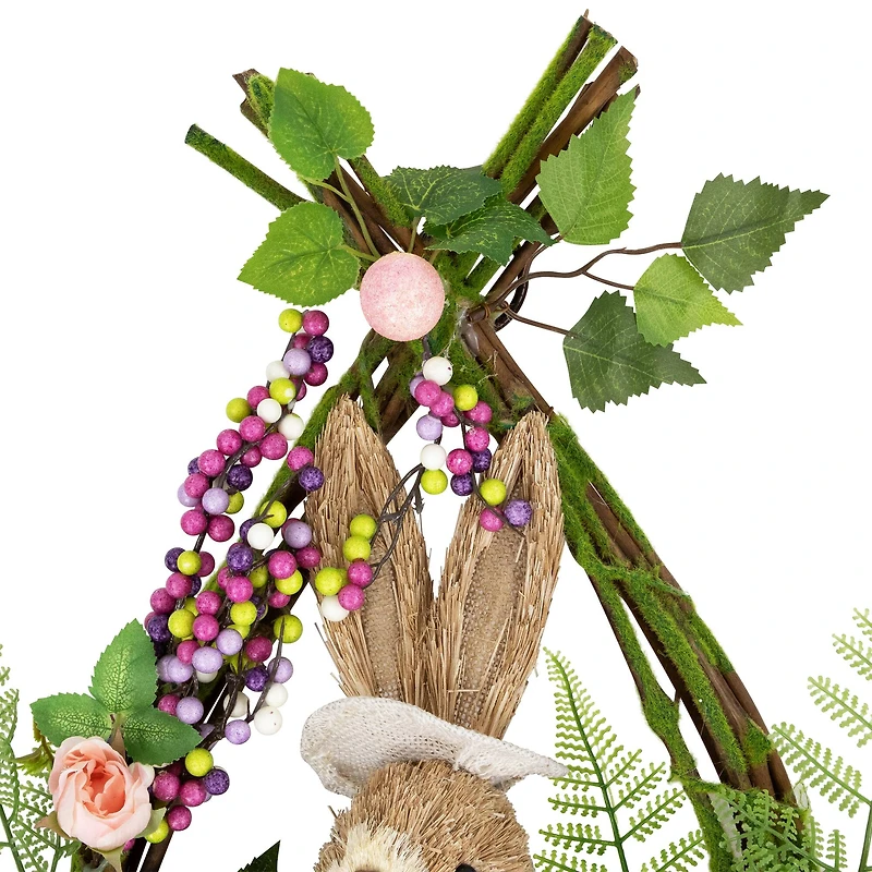 20" Pink Flower Bunny Moss Vines Teardrop Easter Wreath