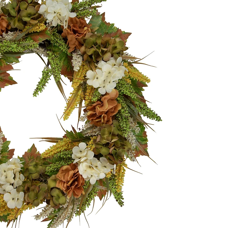 28" White & Orange Hydrangea Artificial Fall Harvest Twig Wreath