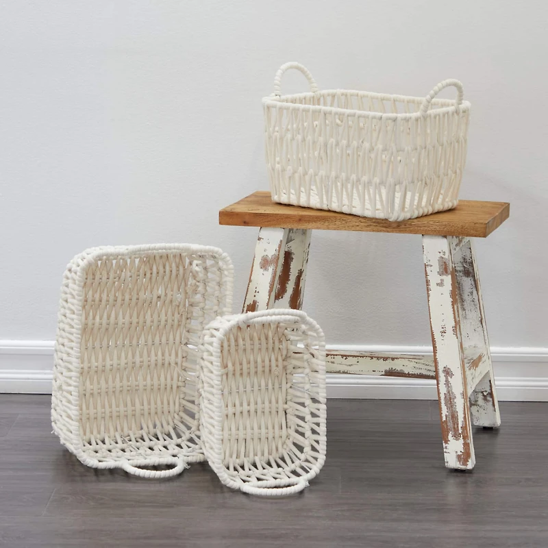 White Cotton Handmade Storage Basket with Handles Set of 3 11", 10", 9"