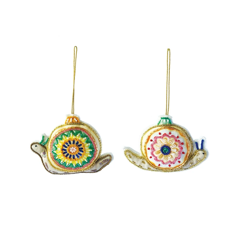 Hello Honey® 2 Pack 3.5" Beaded & Embroidered Snail Cotton Fabric Ornaments