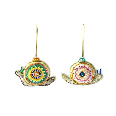 Hello Honey® 2 Pack 3.5" Beaded & Embroidered Snail Cotton Fabric Ornaments