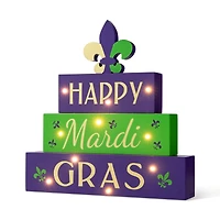Glitzhome® 11.75" Lighted Mardi Gras Wooden Fleur-de-Lis Block Table Sign