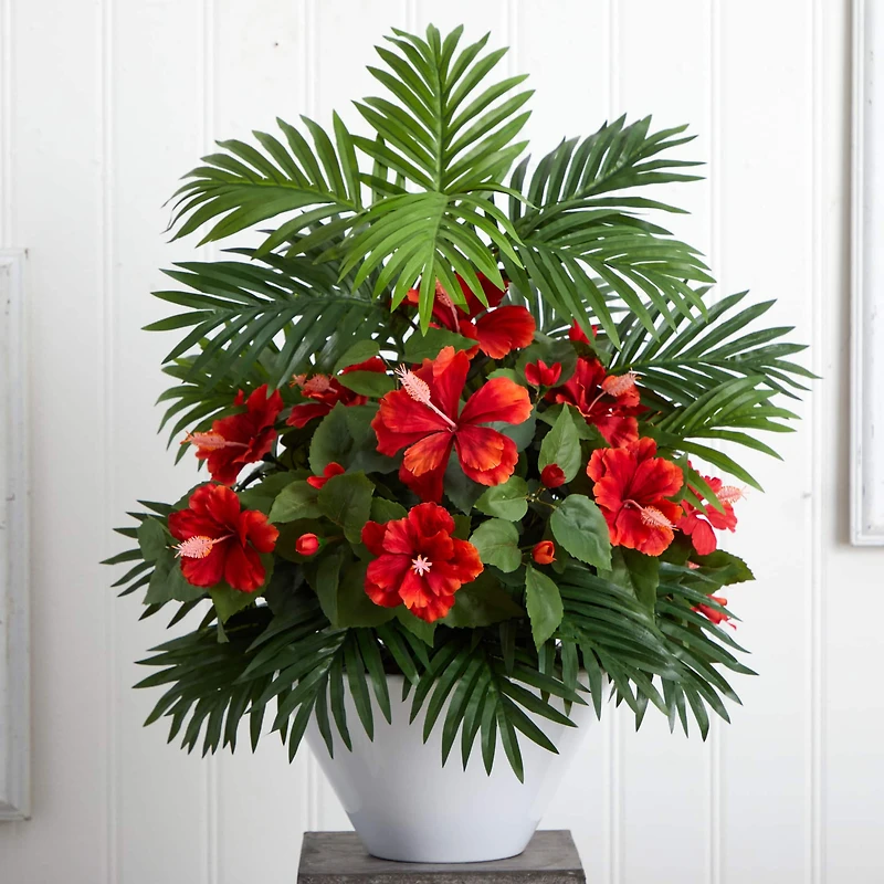 2.2ft. Red Hibiscus & Areca Palm Artificial Plant in White Bowl 