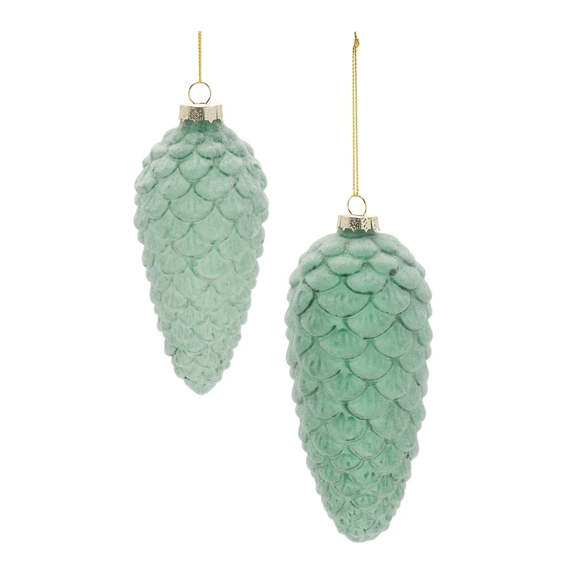 Green Frosted Glass Pinecone Ornament Set