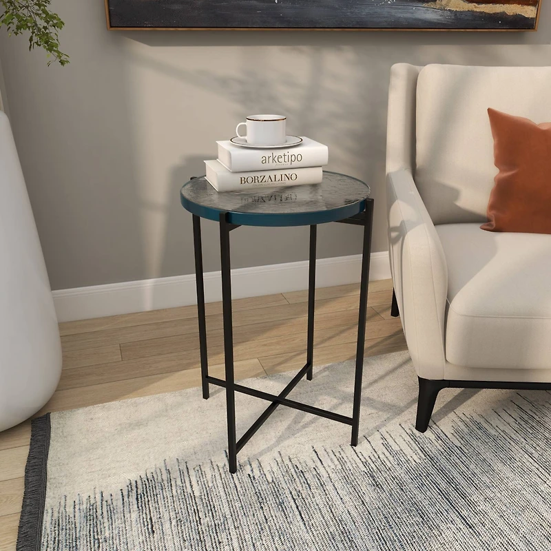 24" Metal X-Shaped Accent Table with Textured Glass Tabletop