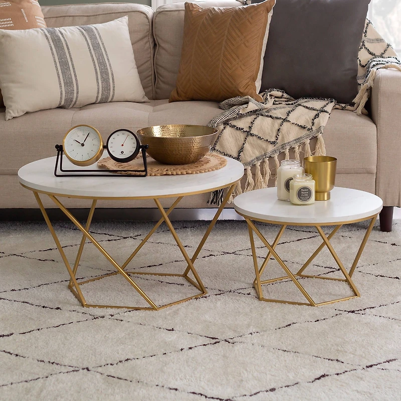 Faux White Marble & Gold Geometric Modern Nesting Coffee Table Set
