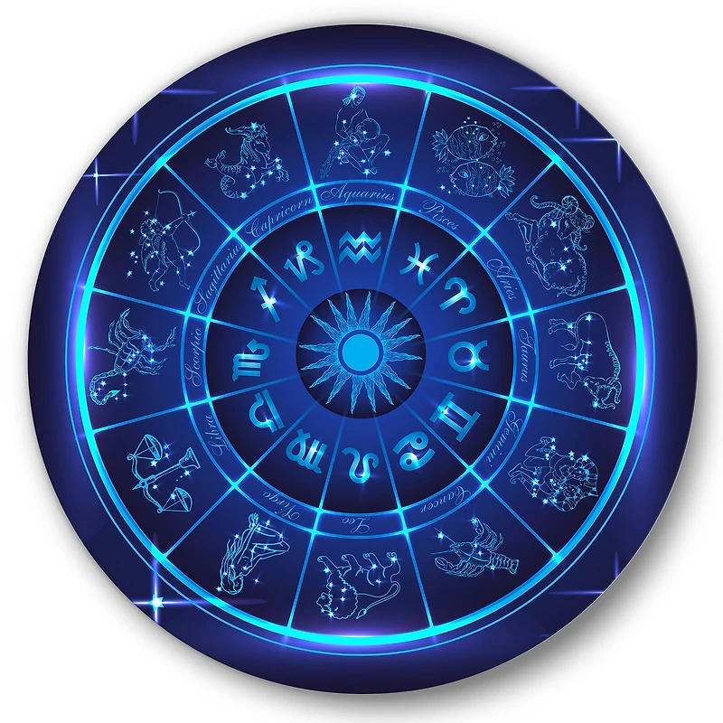Designart - Neon Deep Blue Horoscope Circle With Zodiac Signs