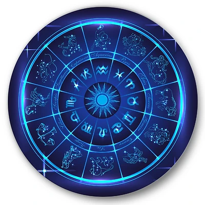 Designart - Neon Deep Blue Horoscope Circle With Zodiac Signs