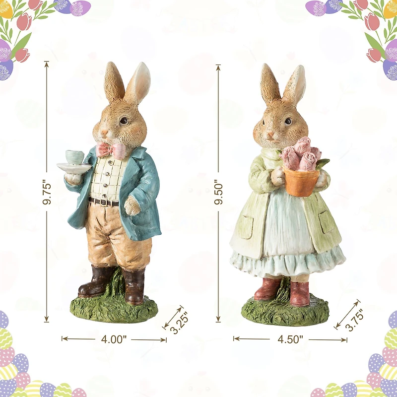 Glitzhome® 9.75" Easter Resin Bunny Couple with Coffee and Tulips Table Decor
