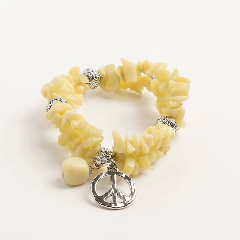 John Bead New Jade Yellow Natural Stone 2-Strand Bracelet with Peace Charm