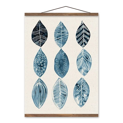 Blue Watercolor Leaves 12" x 18" Teak Hanging Canvas