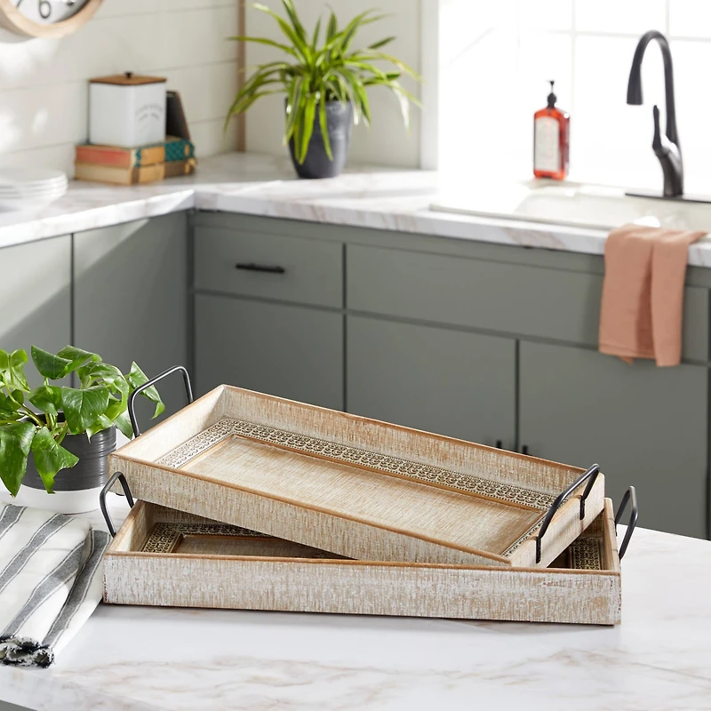 Wood Boho Style Tray Set