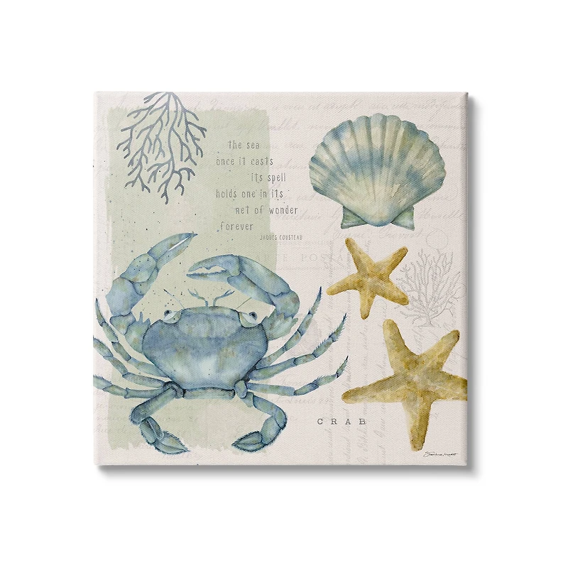 Stupell Industries Sea Casts Its Spell Quote Blue Crab Seashells Canvas Wall Art