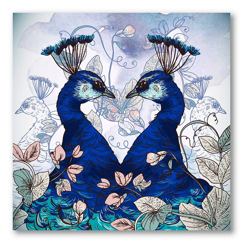 Designart - Two Blue Peacocks With Wildflowers