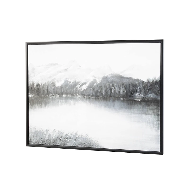 40" x 30" Gray Neutral Lake Landscape Canvas Framed Wall Art with Black Frame