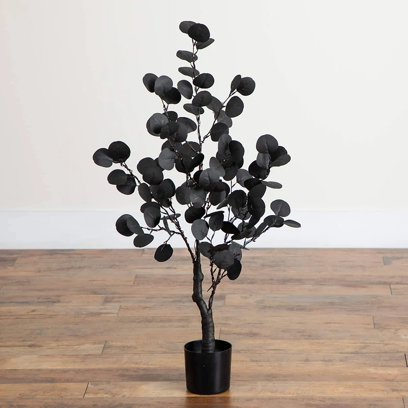 3ft. Pre-Lit Artificial Halloween Black Eucalyptus Tree with 80 Orange & Purple LED Lights