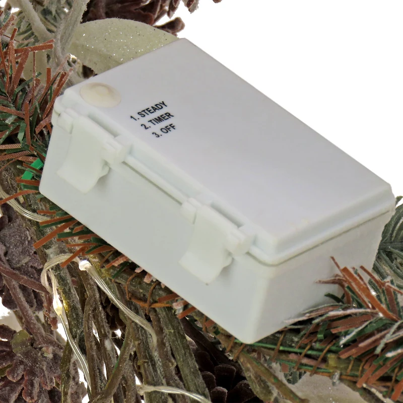 24" Christmas Alpine Trimmed Snow Lump Wreath, 150 Pure White LED Rice Lights